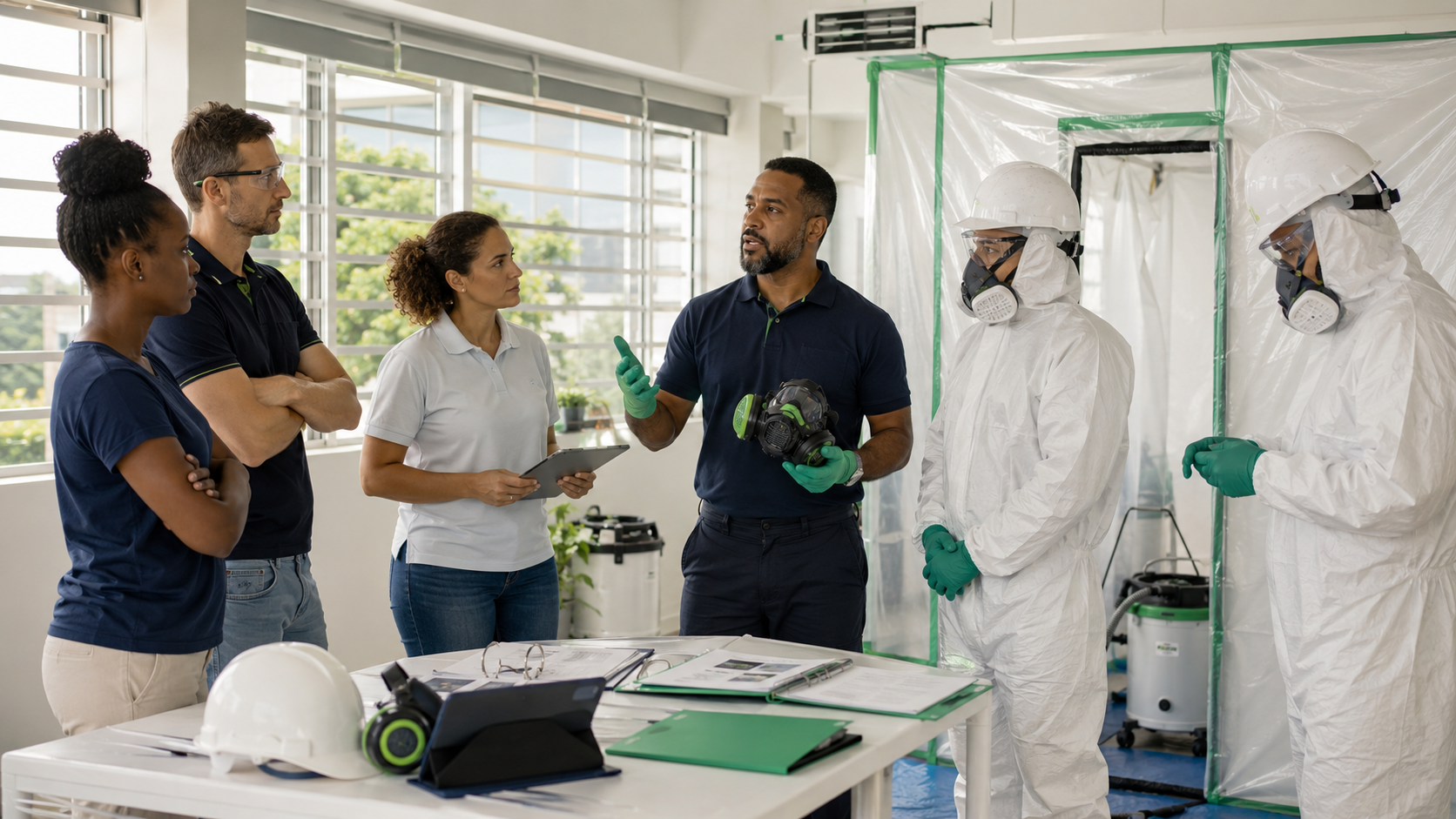 Formateur et stagiaires devant la zone confinée du plateau technique amiante