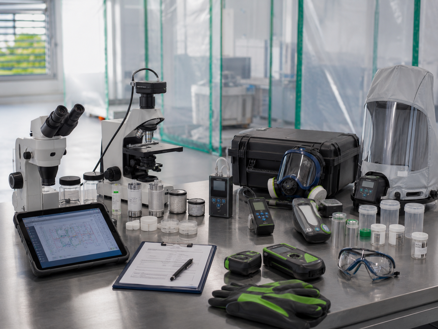 Microscopes, pompes de prélèvement et matériel de mesure d'empoussièrement