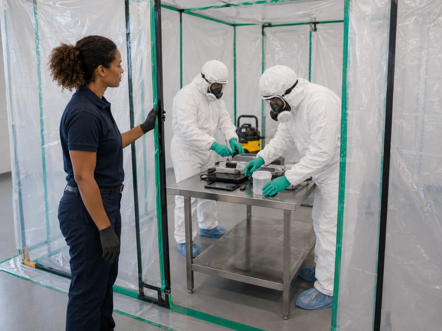 Opérateurs en combinaison travaillant sous confinement